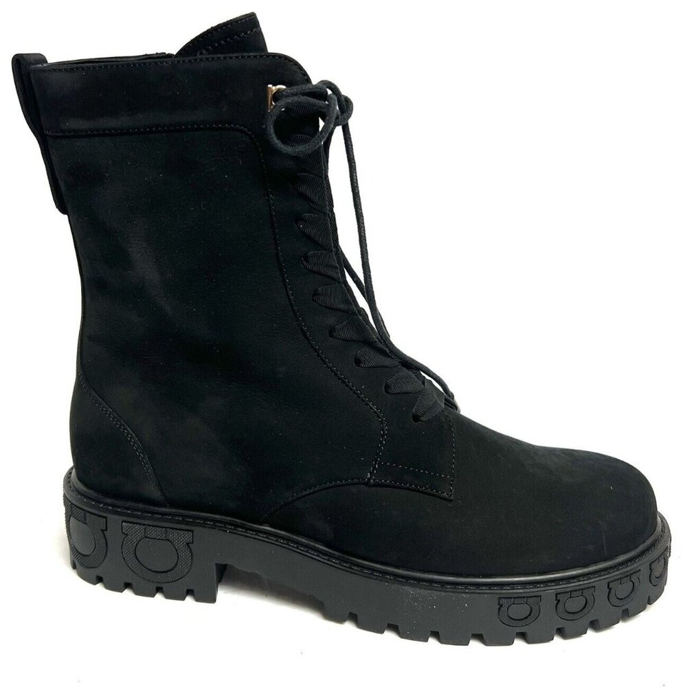 Salvatore Ferragamo Black Lace-Up Suede Combat Boots